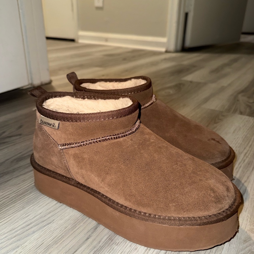BearPaw Tan Suede Platform Slippers